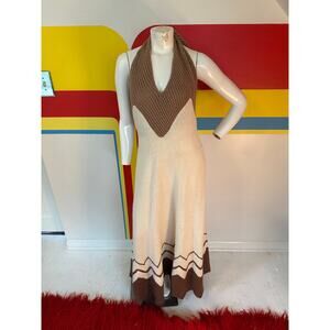1970s 70s vintage crochet maxi dress halter brown cream hand knit hippie chevron